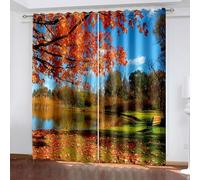 Wycian Country Curtains for Kitchen Orange Living Room Curtains Green Pack of 2 Autumn and Lake Landscape Polyester 84" W X 72" H (214X183Cm) for Each Pc