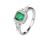 Wycian Engraved Ring Green Wedding Band 18K White Gold Luxury Square Lab Emerald 1CT with Waterdrop Round Moissanite Size P 1/2 Solid Not Plated Premium for Ladies Cocktail