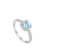 Wycian Fancy Ring Promise Rings Blue 9K White Gold Half Eternity with 0.6CT Square Aquamarine and 0.16CT Diamond Size J 1/2 Solid Not Plated Simple for Ladies Valentines Day