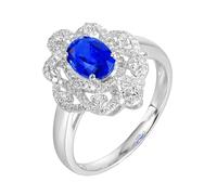 Wycian Floral Wedding Band Lab Created Sapphire Ring 18K White Gold Hollow Out Flower with 1.28CT Sapphire and Diamond Size L 1/2 Solid Not Plated Upgrade 3.0 for Lesbian Anniversary