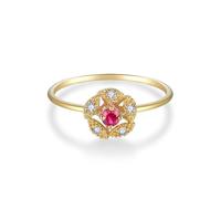 Wycian Flower Ring Women Ruby Ring Real 18K Yellow Gold Elegant Hollow Flower with Round Ruby 0.1CT and Diamond 0.05CT Size R 1/2 Solid Not Plated Fashion for Sister Valentines Day