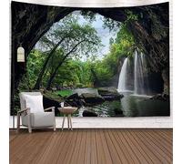 Wycian Forest Waterfall Tapestry, Mountain Tapestry Wall Hanging Extra Large Microfiber Stream Tree River Scenic Lake Landscape Cave XXL 137x101 350x256cm