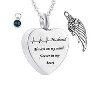 Wycian Necklaces for Ashes Husband, Ashes Necklace Heart Husband Always on My Mind Forever in My Heart with Wing Birthstone for Memorial Keepsake