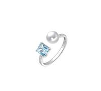 Wycian Pre Engagement Ring 14K White Gold Rings for Women Aquamarine Open with Acquamarine, Pearl and Diamond Size V 1/2 Solid Not Plated Premium for Wife Christmas