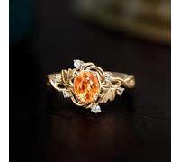 Wycian Promise Ring to Self Gold Band Ring Woman 18K Leaf and 4 Claws Oval with 1CT Mandarin Garnet and Diamond Size O 1/2 Solid Not Plated Modern for Sister Graduation