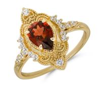 Wycian Ring Engagement Gemstone 18K Yellow Gold for Women N 1/2, Vintage Ornate Filigree Cocktail Brushed and Polished Gold Finish Wedding Anniversary Rings for Wife, Garnet