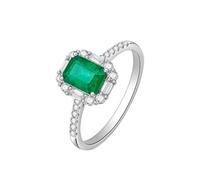 Wycian Simple Promise Rings for Women Ring 14K White Gold Silver 4 Prong Rectangle with 0.9CT Emerald and Diamond Size H 1/2 Solid Not Plated Fashion for Ladies New Year
