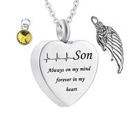 Wycian Son Necklace for Ashes, Necklace for Ashes Heart Son Always on My Mind Forever in My Heart with Wing Birthstone for Memorial Keepsake