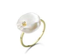 Wycian Vintage Engagement Ring, 14K Yellow Gold Rings White Irregular Pearl with D Diamond Size K 1/2 Stackable Knuckle for Women Valentines Day