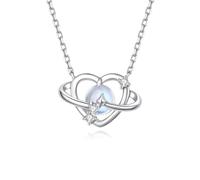 Wycian Wedding Necklace for Women 14K White Gold with Light Blue Moonstone, and Moissanite, Heart Planet Star Birthstone Necklace for Women Silver, 40+5 cm/15.7+1.9 inch