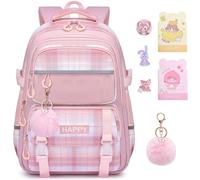 WYCY Girls Backpack - Cute Plaid School Bag with Laptop Compartment for Elementary & Middle School, Pink, L, Student Backpack