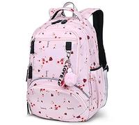 WYCY Girls Printed Pattern Backpack Multi-compartment Travel Bag with Cute Rabbit Fur Ball and Safety Reflective Warning Beacon 20L Bookbag Adolescent Girl School Bag (Cherry blossom Pink)