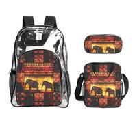 WYCZHY African Elephant Patchwork Printed Transparent Bookbag Set, 3Pcs Reinforced Strap School Bag, with Lunch Bag and Pouch