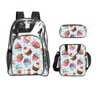 WYCZHY Cupcake Pattern Printed Transparent Bookbag Set, 3Pcs Reinforced Strap School Bag, with Lunch Bag and Pouch