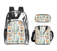 WYCZHY Cute Fox Bear Bird Tree Printed Transparent Bookbag Set, 3Pcs Reinforced Strap School Bag, with Lunch Bag and Pouch