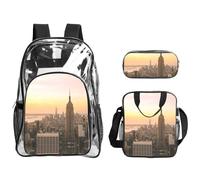 WYCZHY Empire State Building Printed Transparent Bookbag Set, 3Pcs Reinforced Strap School Bag, with Lunch Bag and Pouch