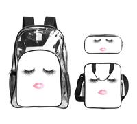 WYCZHY Eyelash Lip White Printed Transparent Bookbag Set, 3Pcs Reinforced Strap School Bag, with Lunch Bag and Pouch