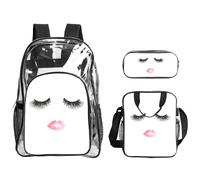 WYCZHY Eyelash Lip White Printed Transparent Bookbag Set, 3Pcs Reinforced Strap School Bag, with Lunch Bag and Pouch