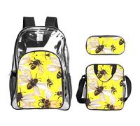 WYCZHY Flying Bees Daisy Honeys Printed Transparent Bookbag Set, 3Pcs Reinforced Strap School Bag, with Lunch Bag and Pouch