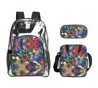 WYCZHY Hand drawn color butterfly Printed Transparent Bookbag Set, 3Pcs Reinforced Strap School Bag, with Lunch Bag and Pouch