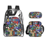 WYCZHY Hand drawn color butterfly Printed Transparent Bookbag Set, 3Pcs Reinforced Strap School Bag, with Lunch Bag and Pouch