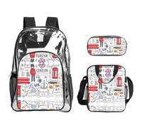 WYCZHY I Love London Printed Transparent Bookbag Set, 3Pcs Reinforced Strap School Bag, with Lunch Bag and Pouch