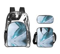 WYCZHY Ocean Green Surf Printed Transparent Bookbag Set, 3Pcs Reinforced Strap School Bag, with Lunch Bag and Pouch