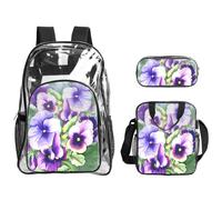 WYCZHY Pansy Perfection Printed Transparent Bookbag Set, 3Pcs Reinforced Strap School Bag, with Lunch Bag and Pouch