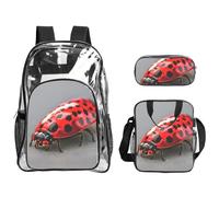 WYCZHY Red Ladybug Printed Transparent Bookbag Set, 3Pcs Reinforced Strap School Bag, with Lunch Bag and Pouch