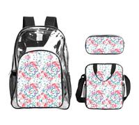 WYCZHY Romantic Fancy Floral Birds Butterfly Printed Transparent Bookbag Set, 3Pcs Reinforced Strap School Bag, with Lunch Bag and Pouch