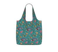 WYCZHY Sea Turtle Starfish pattern Printed Reusable Tote Bag Foldable, Large Capacity Shopping Bag for Daily Use and Commuting