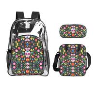 WYCZHY Sugar Horror Skull and Flowers Printed Transparent Bookbag Set, 3Pcs Reinforced Strap School Bag, with Lunch Bag and Pouch