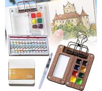 WYDDSX Tobios Watercolor Set,Tobios Pocket Artist Watercolor Travel Sets,Mini Watercolor Paint Set with Clip Brush Pen Sketchbook for Artists Painters Students (Walnut,8 Grids + 12 Colors)