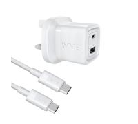 WYE 32W Dual Port USB-C & USB-A Fast Charger Plug with 1m 240W USB-C Cable - Compact Wall Adapter for iPhone 15, Samsung, Pixel, Tablets & More - Simultaneous Charging - White