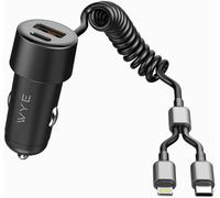 WYE 60W Car Charger with Built-in USB-C & 8-Pin Cables, Dual USB-C & USB-A Ports, Quick Charge for iPhone, Samsung, Tablets, and More - Black Buy Now on Amazon (Black)