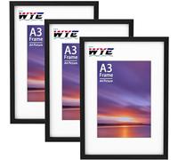 wyewye A3 Picture Frame 3 Pack, Wood A3 Frame with A4 Mount for 29.7 x 42 cm Photo, Only Wall Hanging, Plexiglass, Black