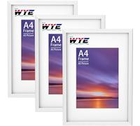 wyewye A4 Frame 3 Pack, 21x29.7 cm Wood Picture Frames with Stand, Tabletop or Wall Hanging, A4 White Frame with A5 Mount, Document Frame with Plexiglass Window, White