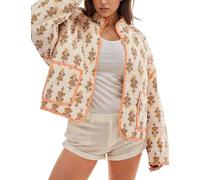 Wyeysyt Women's Cropped Puffer Jacket Lightweight Floral Print Long Sleeve Padded Quilted Puffy Cardigan Coat, Apricot, XS