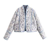 Wyeysyt Women's Cropped Puffer Quilted Jacket Cardigan Floral Printed Lightweight Long Sleeve Open Front Short Padded Coats, White, M