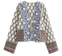 Wyeysyt Women's Cropped Puffer Quilted Jacket Cardigan Floral Printed Lightweight Long Sleeve Open Front Short Padded Coats(Beige-S), Beige, S