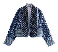 Wyeysyt Women's Cropped Puffer Quilted Jacket Cardigan Floral Printed Lightweight Long Sleeve Open Front Short Padded Coats, Black, M