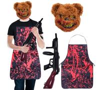 WYFDCZZP Horror Bear Costume, 4 Pieces Halloween Costumes for Men, Scary Teddy Bear Mask, Inflatable Gun, Apron, Blood Stain Stickers, Adults and Teenagers, One Size Fits All