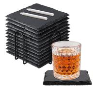 WYIPOLZI 12 Pcs 4Inch Slate Coasters Bulk Square Stone Coaster, Black Slate Drink Coasters with Metal Holder for Bar, DIY, Kitchen, Home Decor