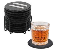 WYIPOLZI 12 Pieces 4Inch Slate Coasters Stone Coaster Bulk Black Slate Drink Coasters with Metal Holder for Bar, DIY, Kitchen, Home Decor, Round