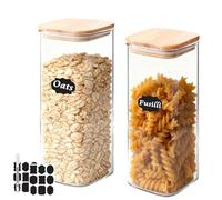 WYIPOLZI 1500ML Set of 2 Spaghetti Storage Jar with Bamboo Lids, Square Glass Containers Large, Round Corner Glass Jars Food Storage Containers for Kitchen, Cupboards Spice Cereal Pasta Jars