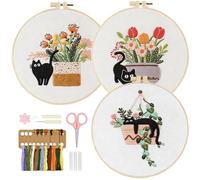 WYIPOLZI 3 Pcs Embroidery Kit for Beginners, DIY Hand Embroidery Starter Kit with Pre-Printed Cat Pattern, Hoop & Embroidery Accessories, DIY Stitch Craft Set for Adults, Sewing Gift Set