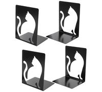 WYIPOLZI 4 Pcs/2 Pairs Cat Book Holder for Shelves, Black Bookends with White Cat Embedded Design, Book Stopper for Bookshelves Desktop, Decorative Book Organizer for Reading