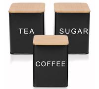 WYIPOLZI Tea Coffee & Sugar Canisters Set of 3, Kitchen Storage Tins Storage Jar Container Set With Airtight Bamboo Lid, Black - Square Jars