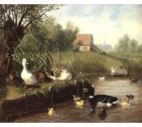 WYKUJMYTO Famous Painting on Canvas Artwork Picture Ducks on the River Bank by Carl Jutz Mural Art Prints for Home Decor 60x90cm