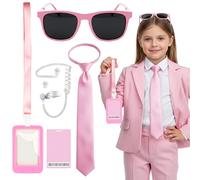 Wylario Secret Agent Costume Accessories Set - 5Pcs Pink Spy Cosplay Kit with Sunglasses Tie Earpiece and ID Card Holder, Halloween Cosplay Carnival Fancy Dress for Women Girls